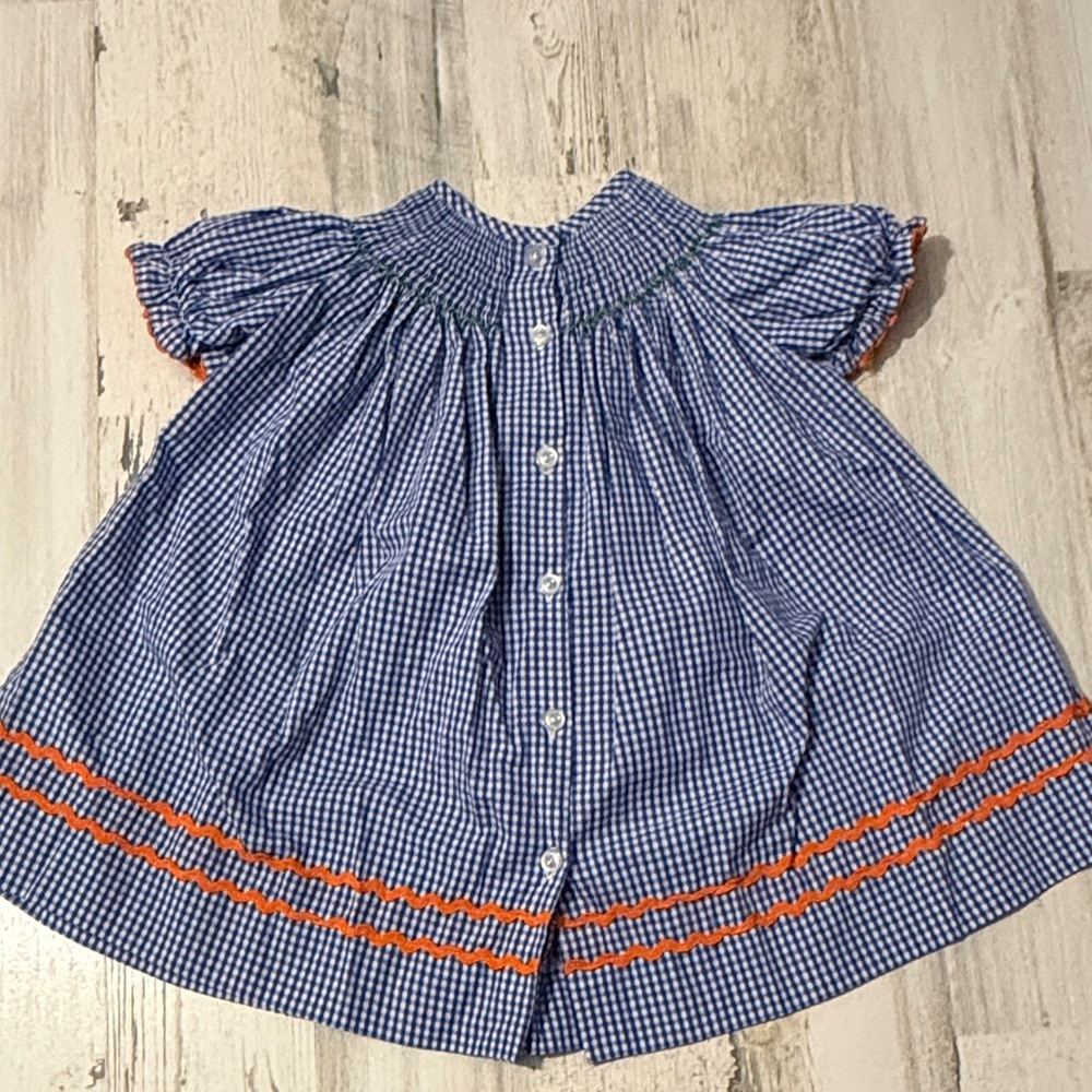 Banana Split Pumpkin Farm Gingham Kids Smocked Dress with Tractor Design - Picture 7 of 9